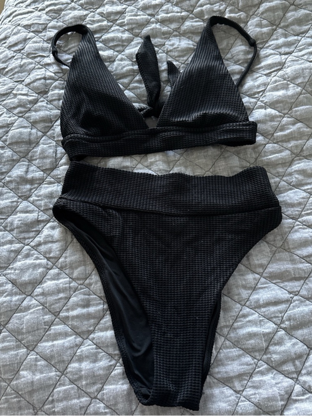 aerie Black Textured High-Waist Bikini Set